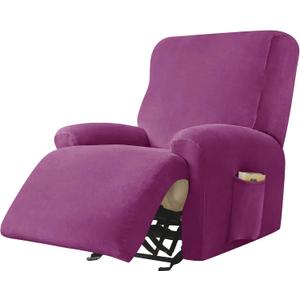 CONRUSER Recliner Chair Covers, 4-Piece Velvet Stretch Recliner Slipcover Single Seat Couch Cover Soft Furniture Protector with Pocket (Purple)