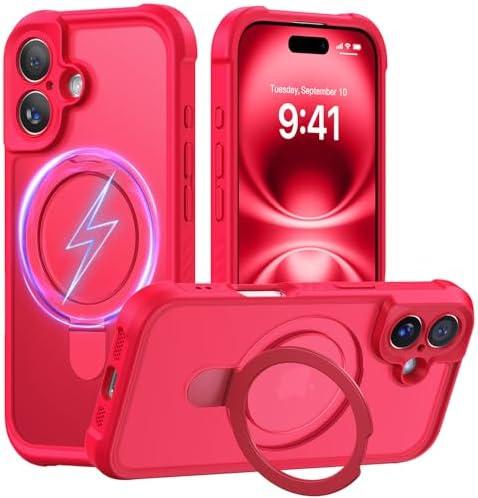 MOCCA Design for iPhone 16 Case with Magnetic Invisible Stand [Full Camera Protection] [Compatible with Magsafe] Military Drop Shockproof Translucent Matte Phone Case Cover 6.1",Red