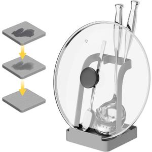 NiHome Upgraded Pot Lid and Spoon Rest with Diatomite Absorbent Tray & Silicone Anti-Slip Pad  Sturdy Metal Frame, Multifunctional Ladle Holder for Kitchen Countertop, 3.9"x3.9"x6" (Gray)