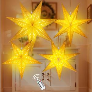 Large Paper Star Lanterns with Lights, 3D Hollow Out Christmas Paper Lanterns, 4Pcs Foldable Decorative Christmas Hanging Decorations for Xmas Wedding New Year Party Home Decor Indoor, 24/18 Inch