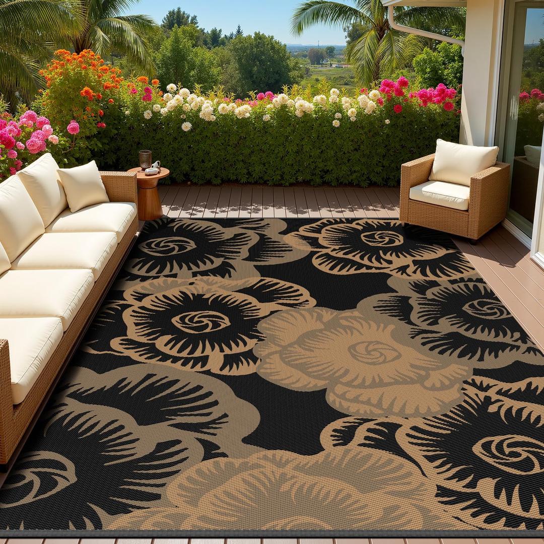 MontVoo Outdoor Rug-Waterproof Patio Rug Mat 6x9 Outdoor Carpet Mat Reversible Plastic Straw Outside Outdoor Rug for RV Camping Picnic Beach Balcony Backyard Pool Deck Farmhouse Floral Black Brown