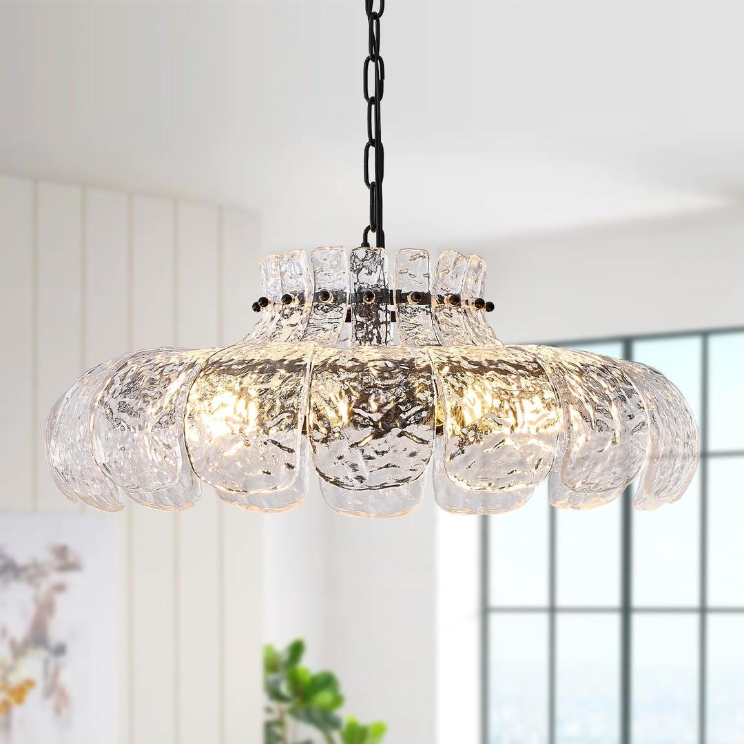 Black Glass Chandelier 8-Light Luxury Water Ripple Glass Chandelier Lighting 21.6" Modern Hanging Light Fixture for Living Dining Room,Kitchen,Foyer,Entryway,Bedroom,E12 Base