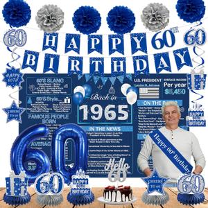 Crenics 60th Birthday Decorations for Men or Women - Back in 1965 Birthday Backdrop, 60th Birthday Banner, Swirls, Honeycomb, Sash, Cake Topper and Balloons for 60 Birthday Party Supplies