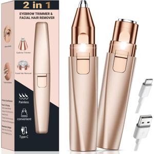 Eyebrow Trimmer Facial Hair Removal for Women: 2 in 1 Rechargeable Face Shaver and Eyebrow Razor - Painless Electric Hair Remover Device for Peach Fuzz Fine Hairs Upper Lip Chin (Gold)