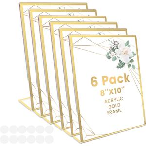 Acrylic Sign Holder 8 x10, Slanted Back Gold Picture Frames Flyer Holder Menu Holder for Wedding Table Numbers with Removable Sticky Dots6 Pack