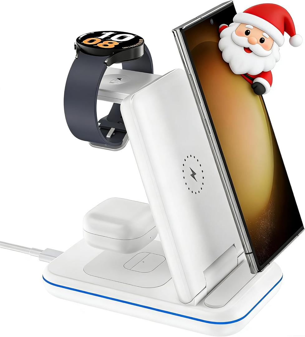 Wireless Charger for Samsung/Android, HOLYJOY Foldable 3 in 1 Fast Charging Station/Stand/Multi Charger for Samsung S25 Ultra/S24/Note 20,Travel Pad for Galaxy Watch 8/7/6/5/4/Active 2,For Buds(Ivory)