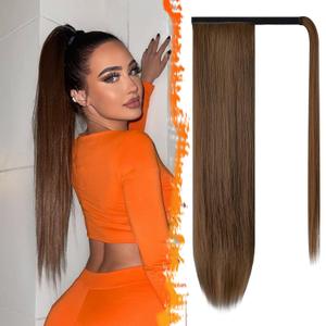 BARSDAR Straight Wrap Ponytail Extension - 26 Inch Long Straight Wrap Around Ponytails for Women, Clip in Ponytail Hair Extensions Synthetic Brown Pony Tails Hairpieces - Dark Brown & Auburn