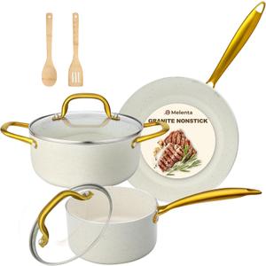 M MELENTA Pots and Pans Set Non Stick, 7 Piece White Granite Induction Cookware Set, Nonstick Kitchen Cooking Set with Gold Handle and Utensil, Oven Safe (PFOS, PFOA Free)