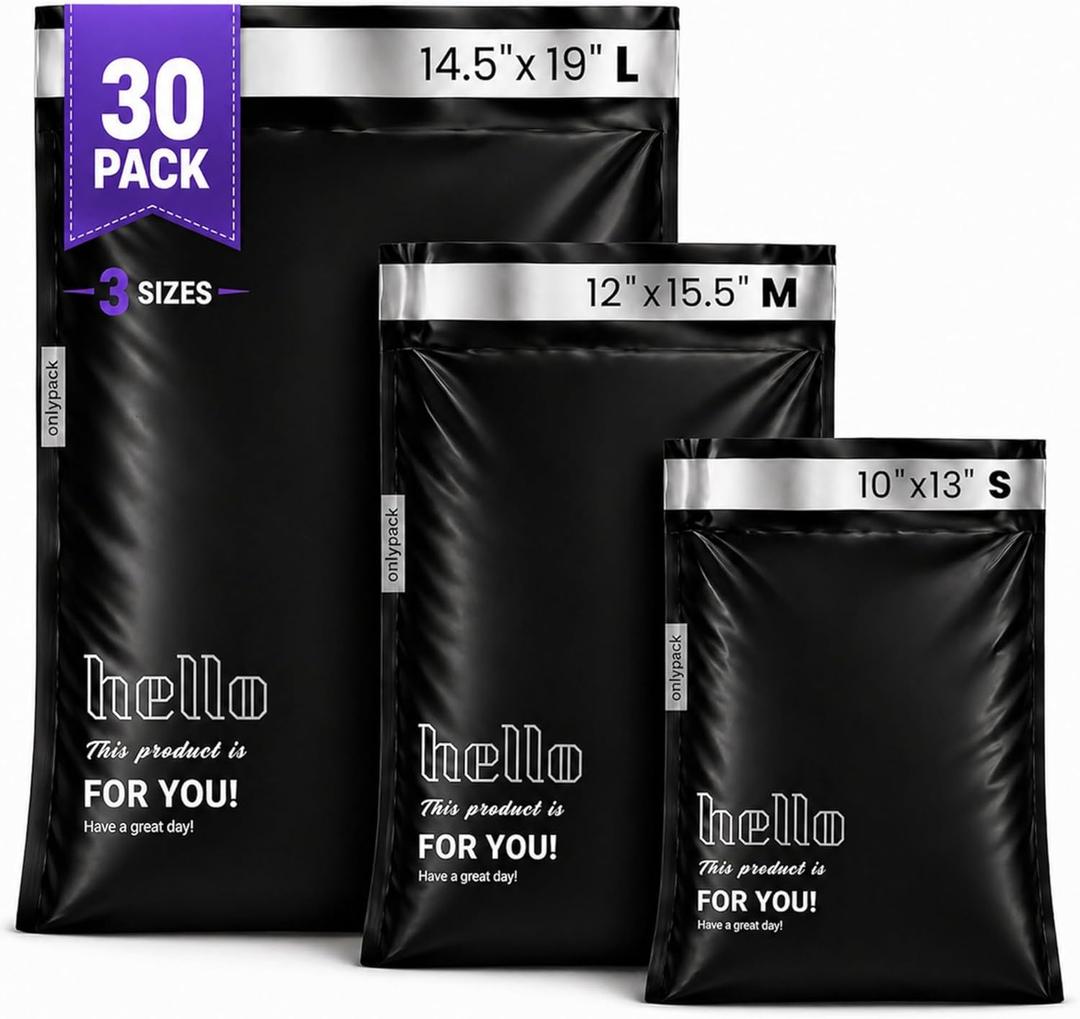 Poly Mailers 30 Pack Multi Size Shipping Envelopes 10x13 12x15.5 14.5x19 in Professional Waterproof Tear Proof Self Seal Opaque for Office & Small Business E-Commerce Shipping Black