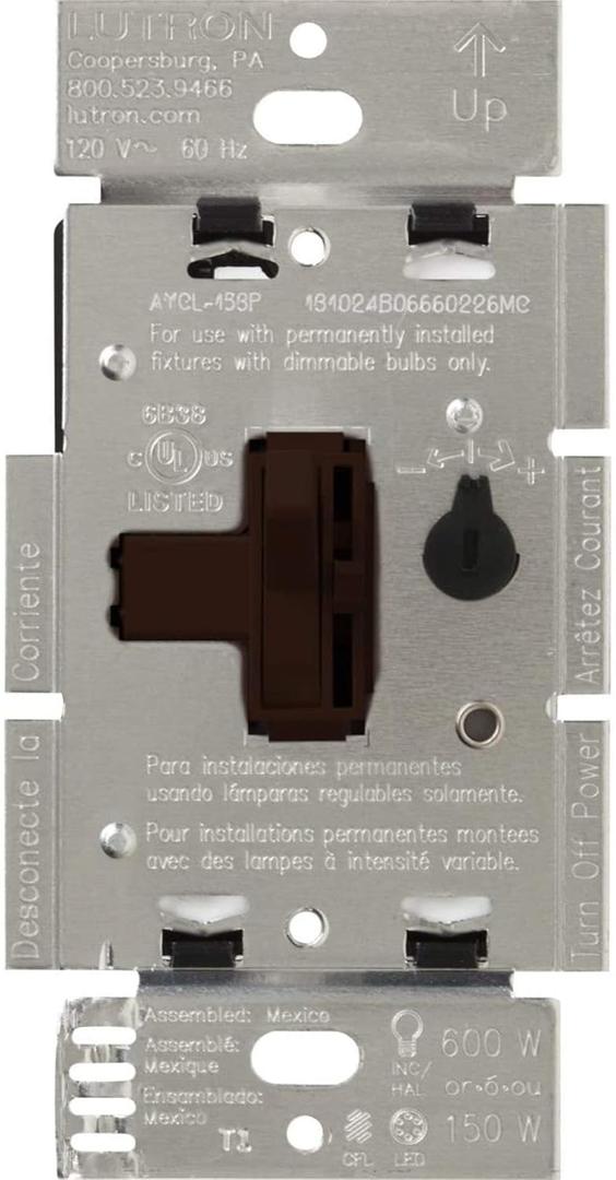 Lutron Ariadni/Toggler LED+ Dimmer Light Switch for Dimmable LED, Halogen and Incandescent Dimmer Switch, 150W, Single-Pole/3-Way, AYCL-153P-BR, Brown