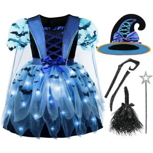 Spooktacular Creations Girls Light Up Witch Costume, Kids Witch Costume with Hat and Broom for Toddler Halloween Dress Party (Small(5-7 yrs), Blue)