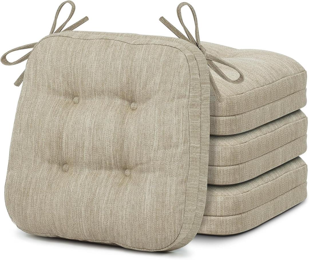 4 x Shinnwa Dining Chair Cushions Set of 4, Dual-Layer Memory Foam Kitchen Chair Cushions, Patented Design Seat Pads with Ties, 16.5 x 16.5 x 3.5in, 4 Pack, Beige