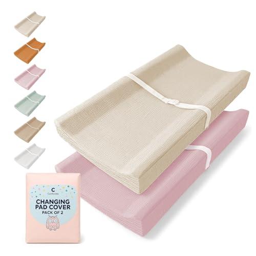 Comforista Muslin Changing Pad Cover 2 Pack, Soft Baby Changing Pad Covers, Stays in Place, Fits Standard 32x16 Inches Changing Pads, No Shrink, Perfect for Baby Girls (Dusky Pink & Beige) 