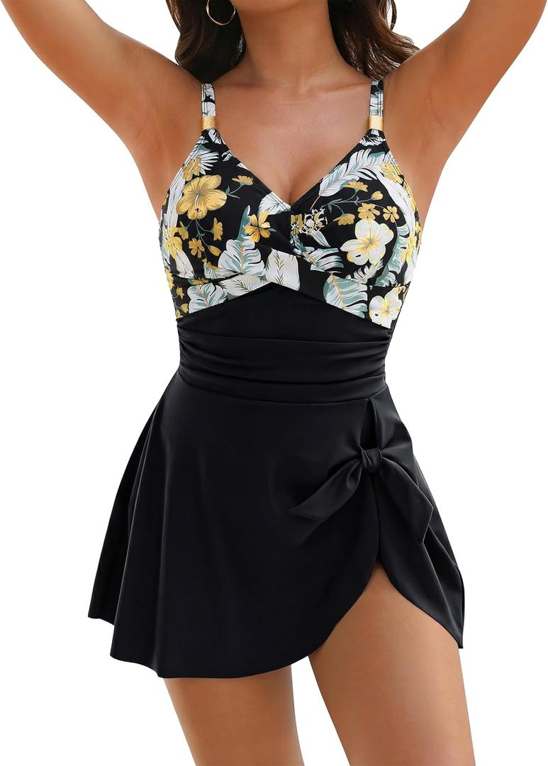 Blooming Jelly Womens Tummy Control Swimsuits 1 Piece Modest Bathing Suits Slimming 2026 Swim Dress (XL, Black Tropical)