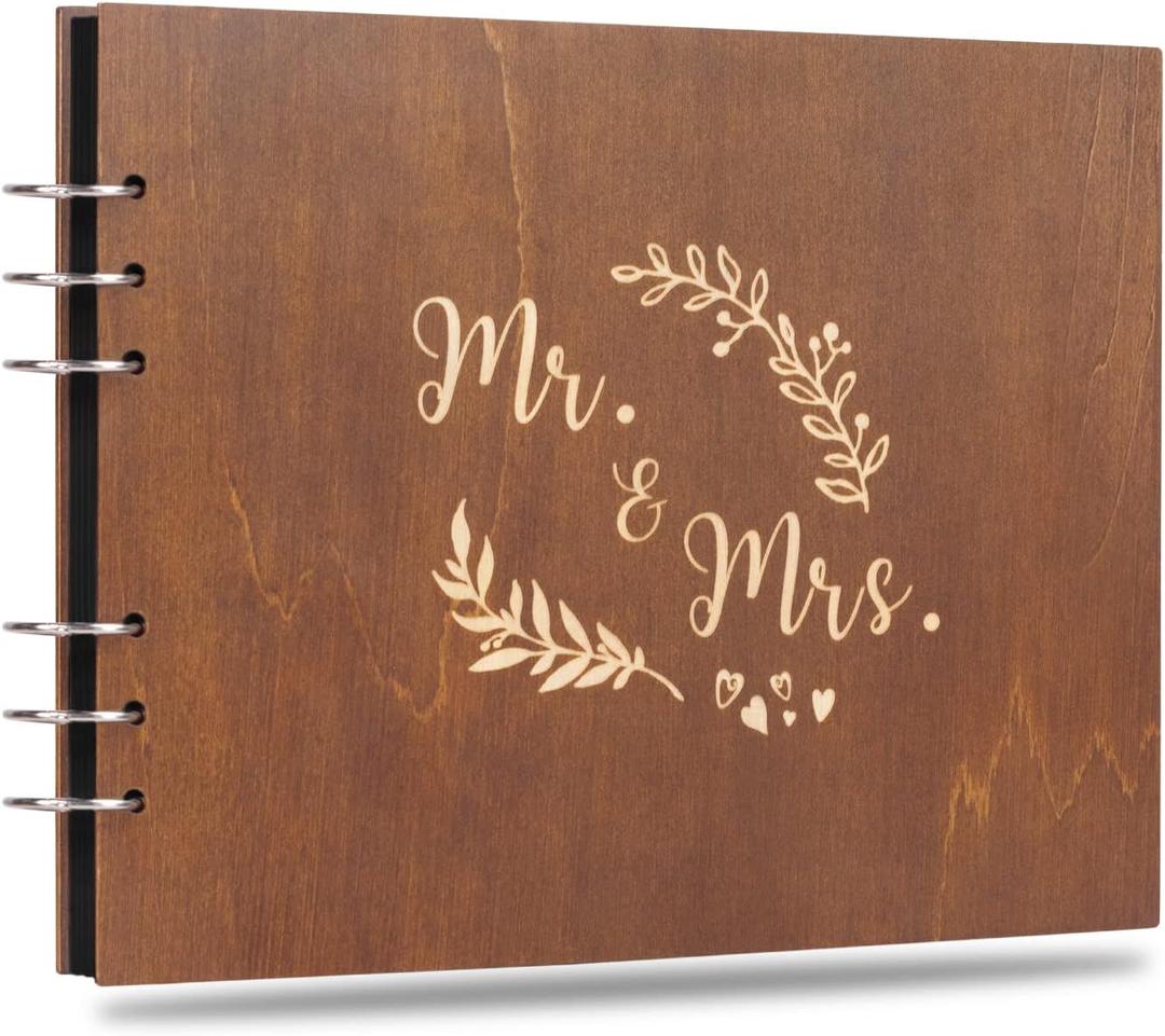 Creawoo 11 Mr&Mrs Wooden Guest Book Album Memory Keepsake for Wedding Anniversary Birthday with 80 Pages Blank Black Cardstocks - Available at Least 160 Pictures