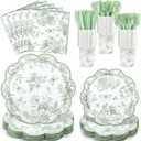 NatNarr 175 Pcs Sage Green Floral Plates and Napkins 25 Guest Scalloped Toile Chinoiserie Party Supplies Includes Floral Plates Napkins Cups Plastic Cutlery for Wedding, Bridal&Baby Shower, Tea Party