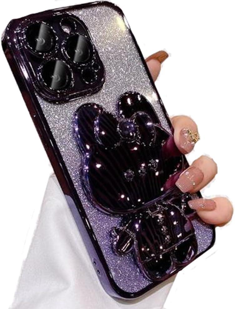 for iPhone 16 Pro Max Case for Women Girls Cute Hidden Rabbit Mirror Kickstand,Luxury Plating Soft TPU with Bling Gradient Layer,Glitter Girly Phone Case for iPhone 16 Promax Purple