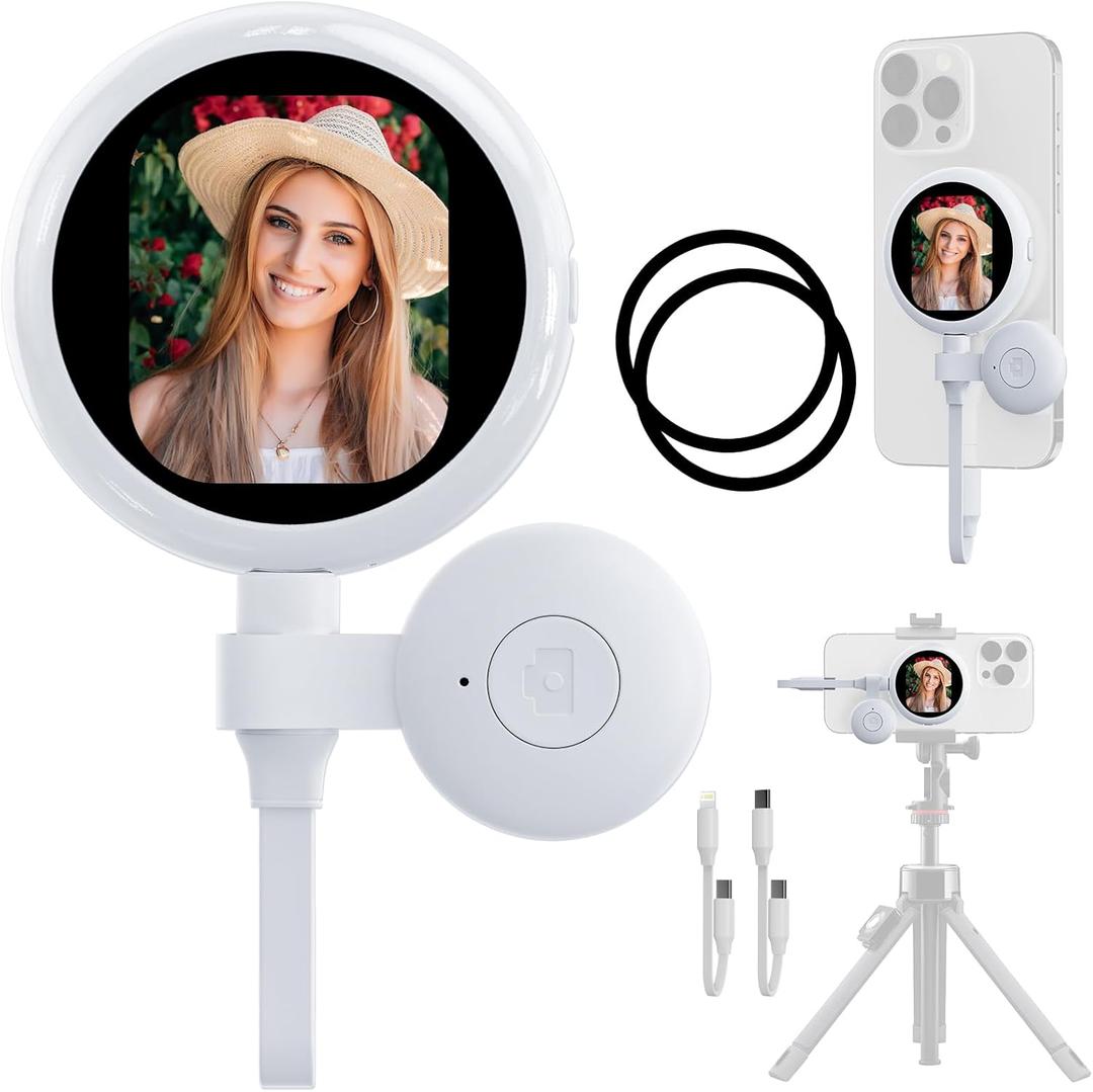 Selfie Monitor Screen for iPhone, Back Camera Preview with Remote, Plug and Play, No App Required, Magnetic Vlog Selfie Monitor Screen, 60FPS AMOLED Display for Live Stream TikTok YouTube - Off White