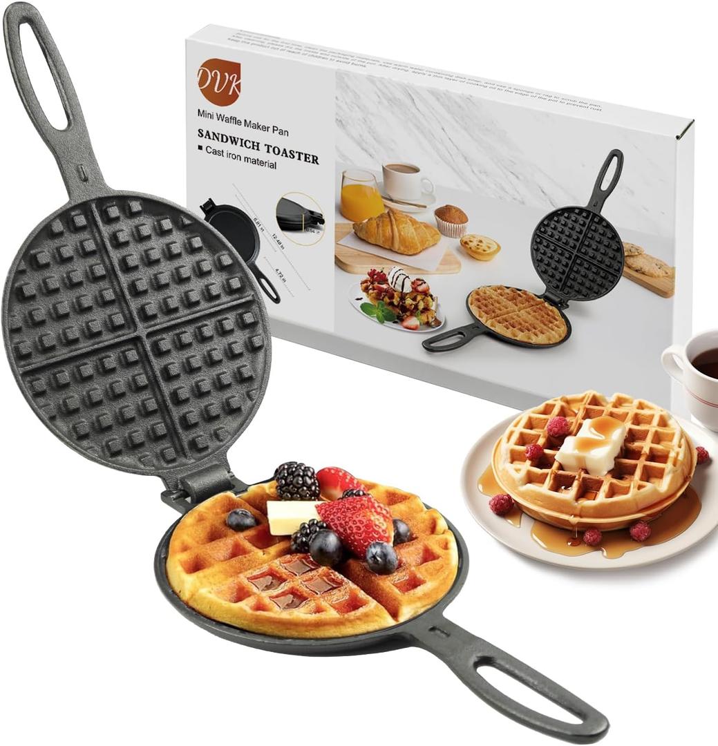 7 Inch Round Cast Iron Waffle Iron Plant Oil Care Two Piece Hinged Non Electric Waffle Maker for Indoor and Outdoor Picnics