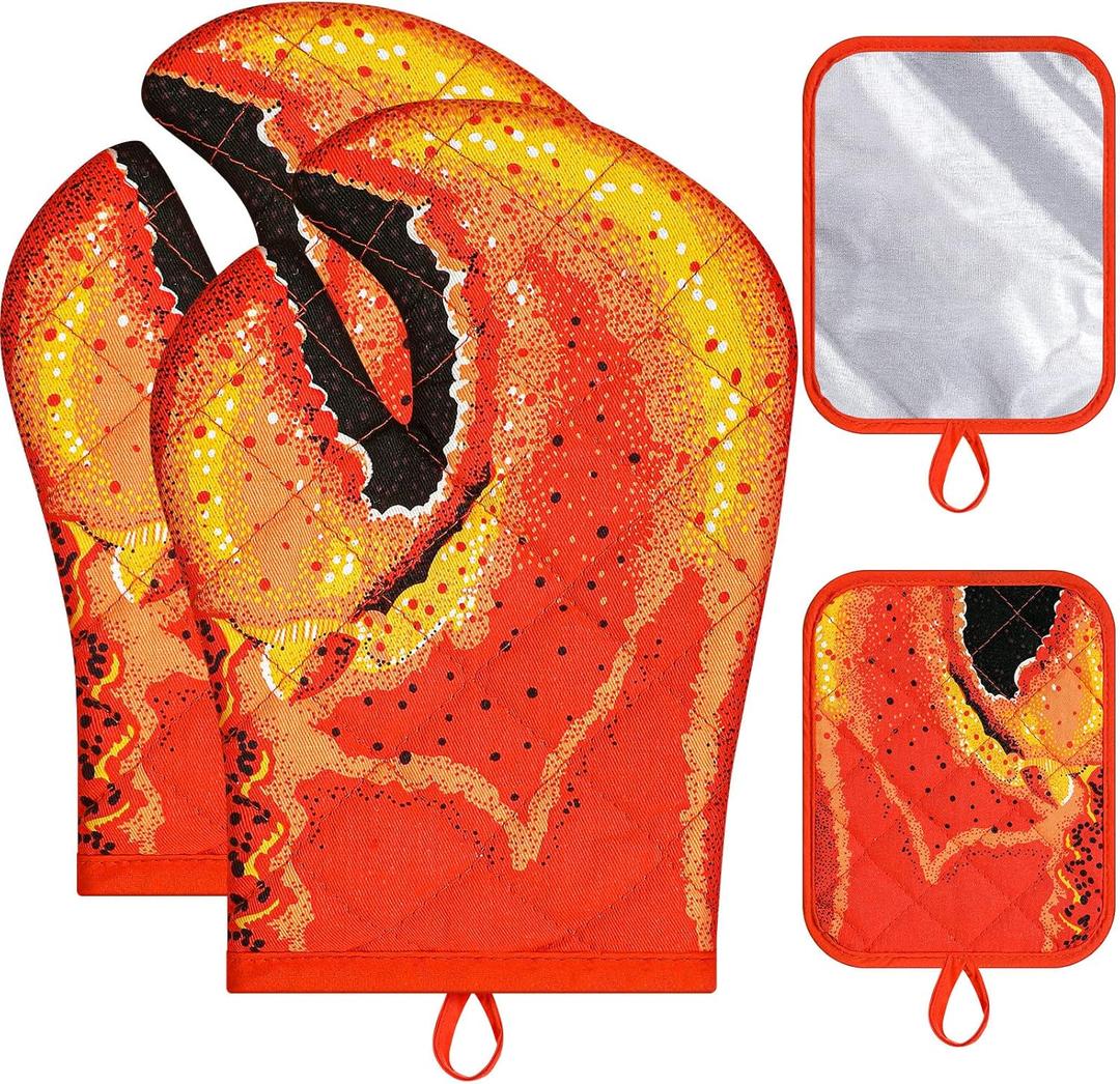 4 Pcs Lobster Claw Oven Mitts and Pot Holders Quilted Cotton Lining Design Heat Resistant Oven Gloves Set with Poth Holder Microwave Gloves Safe for Baking Cooking Barbecue