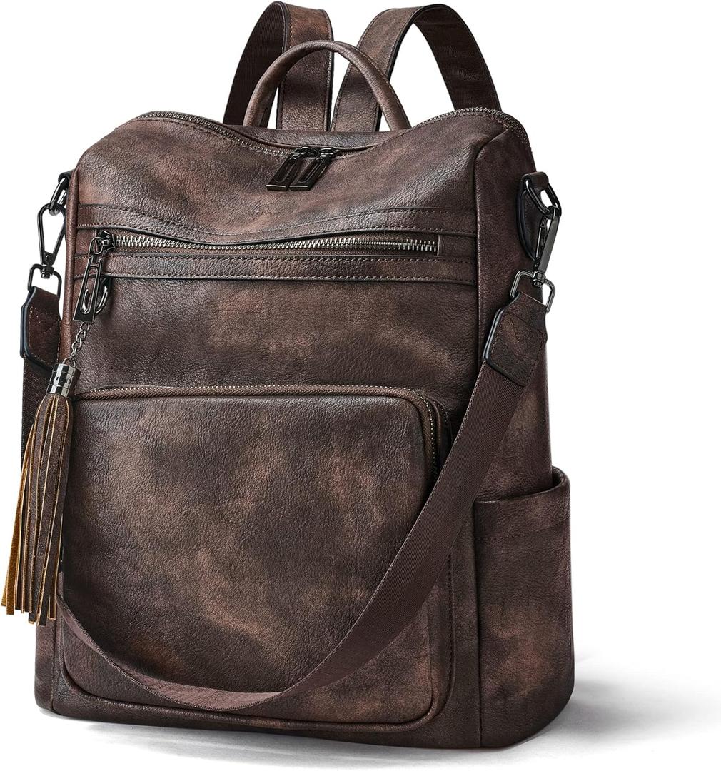 OPAGE Leather Backpack Purse for Women Fashion Tassel Ladies Shoulder Bags Designer Large Backpack Travel Bag (13-in Height, 2-1 Coffee)