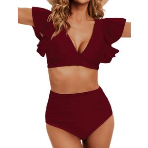Women Ruffle High Waisted Swimsuit Two Piece Tropical Print Swimsuit Push Up Bathing Suit (Size Large, Wine Red)