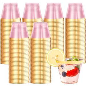 supernal 100 Pcs Pink Plastic Cups, 9oz Pink Disposable Cups with Gold Rim, Plastic Wine Cocktail Glasses Perfect for Party, Wedding and Birthday, Cute Cocktail Party Cup Disposable