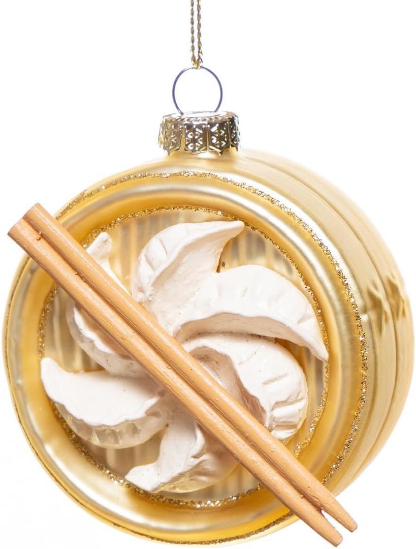 Set of 2 Hand Blown Glass Steamed Dumpling Ornament, Hanging Glass Chinese Food Ornaments for Christmas Tree