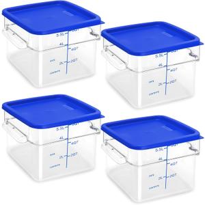 4 Pack Food Storage Containers with Blue Lids, 6.0 Qt - Square, Clear, Polycarbonate, for Restaurant Commercial Kitchen and Home party
