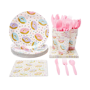 144 Piece Donut Grow Up Party Supplies, Serves 24 Guests Disposable Sprinkle Paper Plates, Cocktail Napkins, Cups, Cutlery, Two Sweet Birthday Party Decorations - Donut Plates