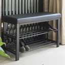 Finnhomy Entryway Shoe Rack with Cushioned Seat, Shoe Bench for Entry, 2 Shelves Storage Bench w/Faux Leather Top Bed Bench, Black