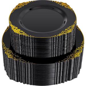 102PCS Black and Gold Plastic Plates - Black Disposable Plates - Heavyweight Disposable Plate with Gold Rim - Fancy Dinner & Dessert Plate for 51 Guests Weddings & Party (7.5inch/10.25inch)