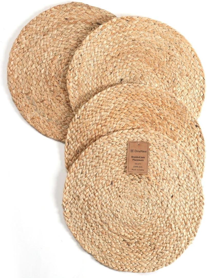 Set of 4 Handcrafted Jute Braided Placemats 14x14 Round 100% Jute - Farmhouse Rustic Vintage Placemats, Non-Slip Heat Resistant for Dining, Kitchen, Coffee Table Dcor Table Mats Handwoven