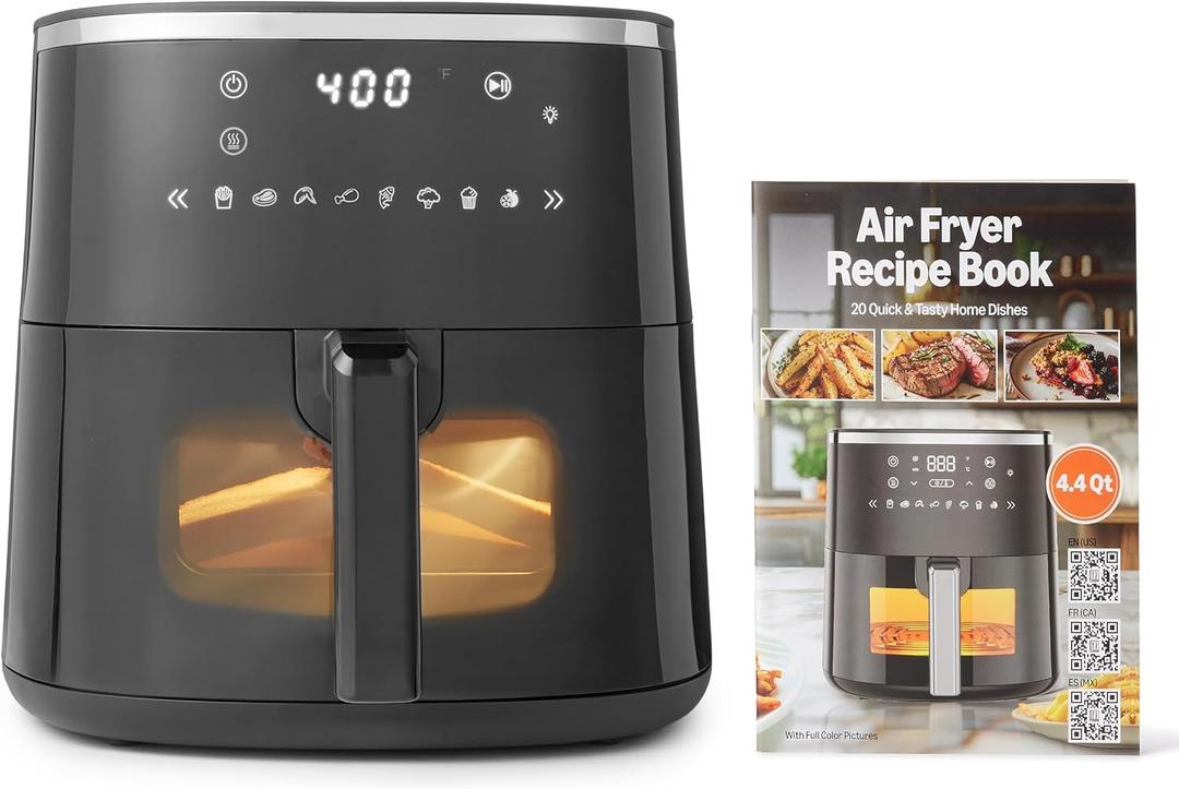 Amazon Basics 4.4-Quart Air Fryer with Easy View Window, 8 Preset Menus, 1400W, Black, 4 QT