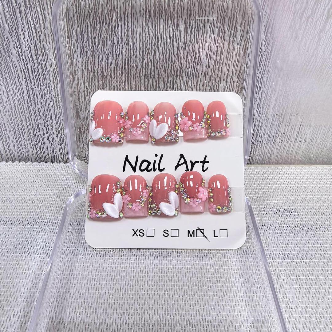 Handmade Press on Nails Square Short Fake Nails Pink French Tip with 3D Flower Designs Rhinestones Glossy luxury Cute Acrylic Nails for Women 10pcs (Size M