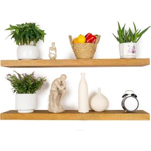 BGMG Wood Floating Shelves 36 inch, Wide Rustic Wooden Wall Shelves for Bathroom Living Room Bedroom Kitchen Farmhouse Set of 2-36x 6.7 x1.25 inch- Yellow Brown