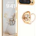 Fingic for Pixel 9 Pro XL Case[with 360Rotatable Ring Holder][Support Magnetic Car Mount]Shiny Plating Gold Slim Fit Thin Soft TPU Bumper Shockproof Case for Google Pixel 9 Pro XL for Girls Boy, White