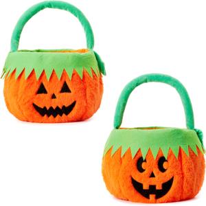 CHOIEO 2 Pcs Halloween Plush Pumpkin Baskets with Handles, Cute Candy Buckets for Trick-or-Treating and Halloween Party Decor (Orange Green Pumpkin Faces)