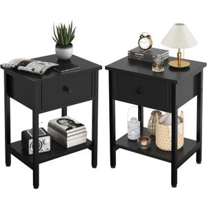 Nightstands Set of 2 with Drawers, Bedside Table Set of 2 with Storage Shelf, Heavy Duty End Side Table for Living Room Bedroom Small Space Sofa Couch, Wood Metal Night Stand, Easy to Assemble, Black