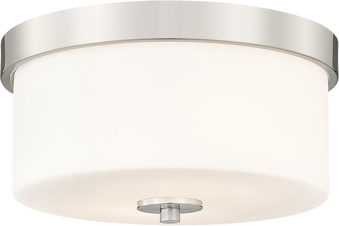 Emak Brushed Nickel Ceiling Light Fixture, Modern Flush Mount Light Fixture with Milk Glass Shade, 11 Inch 2-Light Ceiling Lights for Bedroom, Living Room, Kitchen, Hallway, Bathroom, FM082-BN-ML