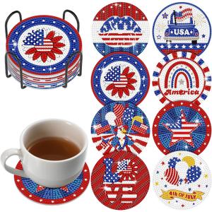8 x Shellwei 8 Pcs 4th of July Diamond Painting Coasters Patriotic USA Star Diamond Art Coaster with Holder Red White and Blue American Flag Painting Art Kits 250th Anniversary Decor for Adults DIY Craft