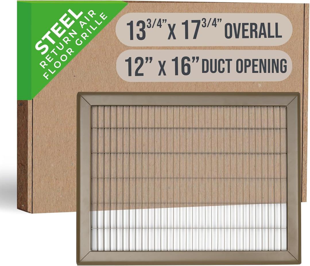 Fits 12x16 and 16x12 Duct Opening | Return Air Floor Grille by Handua | Walkable Vent Cover Grill for Floor | Brown | Heavy Duty Fixed Blades | Outer Dimensions: 13.75"W X 17.75"H