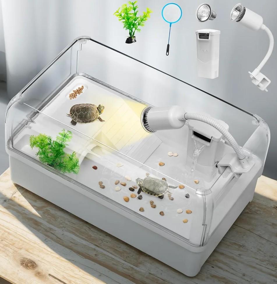 AZV Turtle Tank Starter Habitat Kit,Complete Aquatic Terrarium Enclosure with Filter,Basking Platform with Hideout,Multi-Function Area,Drainage,Plants and Lamps,Perfect for Red Eared Slider Aquarium