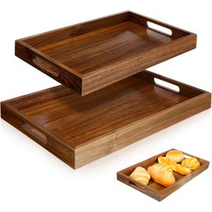 2 Pack Solid Acacia Wood Serving Trays with Handles, Rectangular Wooden Serving Platters, Decorative Servings Trays Set, Portable Ottoman TrayGreat for Lap &Couch, 16"+15"