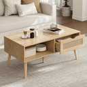 ZttRiee Coffee Table with Storage, Boho Dining Table with Rattan Drawer and Solid Wood Legs, Small Coffee Tables for Living Room, Oak, 39.4 inches x 19.7 inches x 16.5 inches