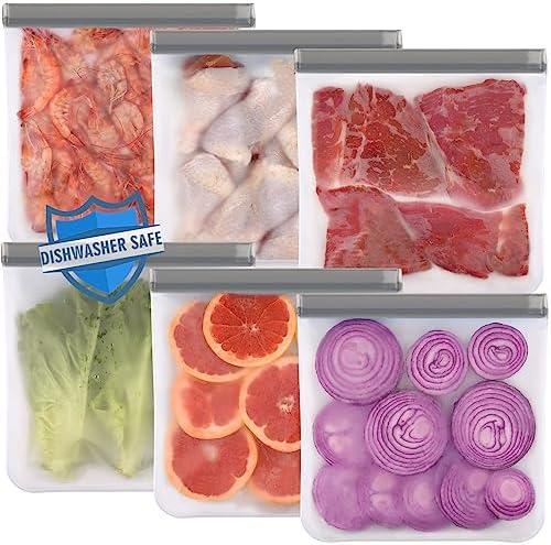 Lerine 6 Pack Reusable Gallon Freezer Bags Dishwasher Safe, BPA Free Reusable 1 Gallon Bags Silicone, Leakproof Food Storage Bags for Marinate Meats, Cereal, Vegetables, Home Organization(Grey)