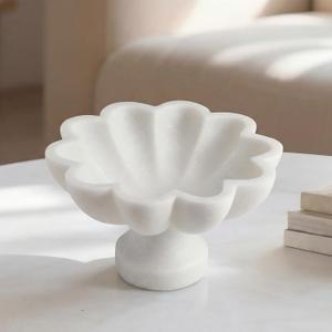 Potchen 1 Pcs White Ruffle Marble Bowl, 8 Inch Decorative Scalloped Fluted Bowl for Kitchen Counter Entryway & Home Table Centerpiece Decorations, Trinket Dish for Keys, Jewelry, Fruit & Snacks