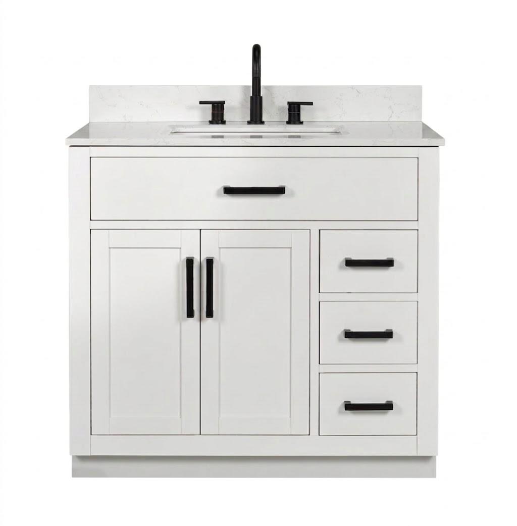 Bathroom Vanity with Sink, Solid Wood, Marble Top, Multiple Storage Drawers & Cabinet Shelf, Built-in Power Outlet