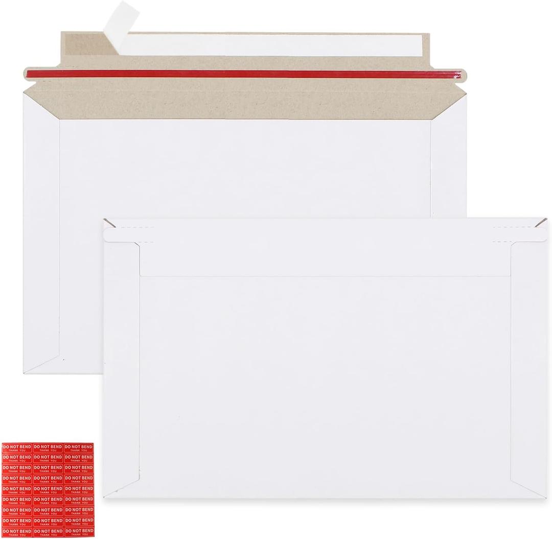 zmybcpack 100 Pack 6.3x9.8 inch Rigid Mailer Self Seal Photo Document Mailers, Stay Flat White Cardboard Shipping Envelopes White Photography Mailers for CD, Photos, Document