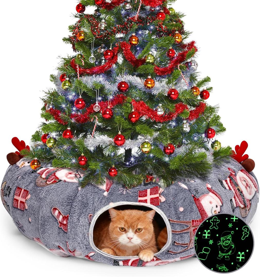 Cat Tunnel Christmas Tree Skirt, Cat Tunnel Bed, Cat Donut Tunnels Bed for Indoor Cats, with Washable Cushion, Hanging Toy Ball, Christmas Tree Protector & Decoration